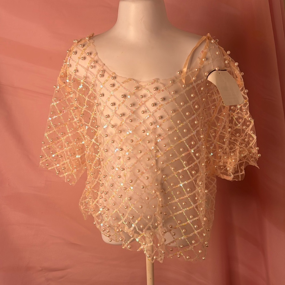 CUSTOM pink pearl beaded sheer shrug top with lace sequin detail brand new